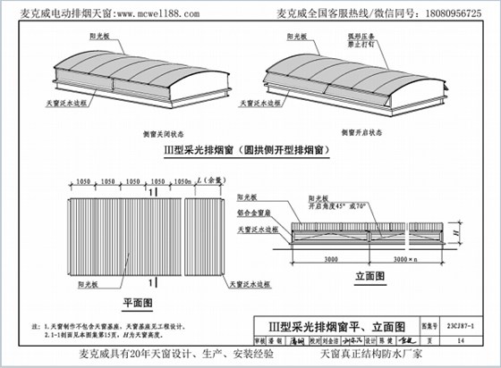 23CJ87-1采光、通風、消防排煙天窗（一）中III型側開式圓拱型電動采光排煙天窗
