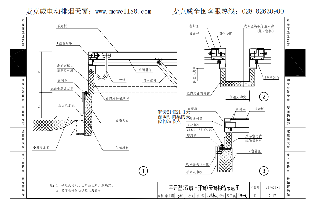 平開型(雙扇上開窗)天窗構造節點圖2